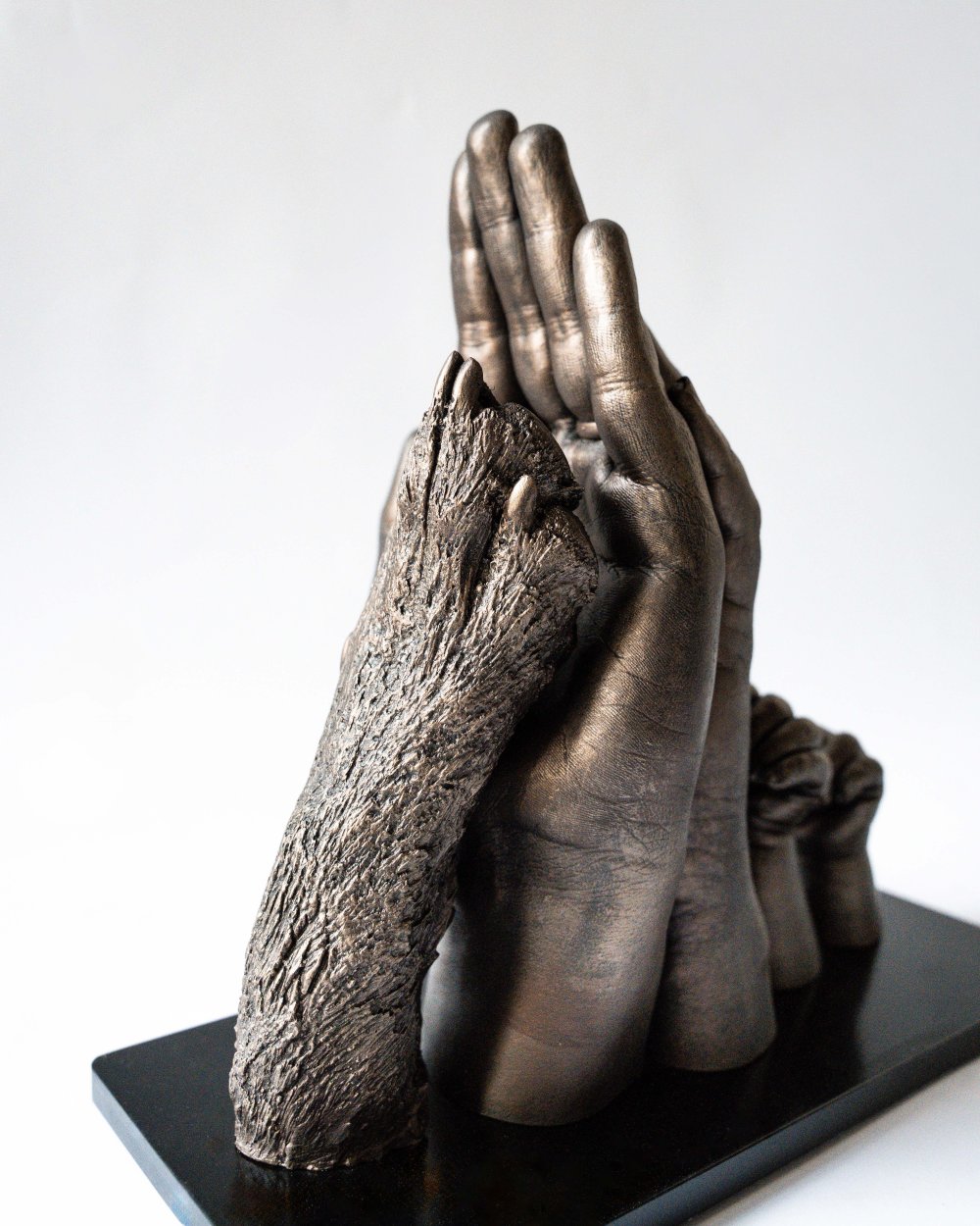 Hondenpoot en handafdruk van gezin vereeuwigd in bodycasting beeld