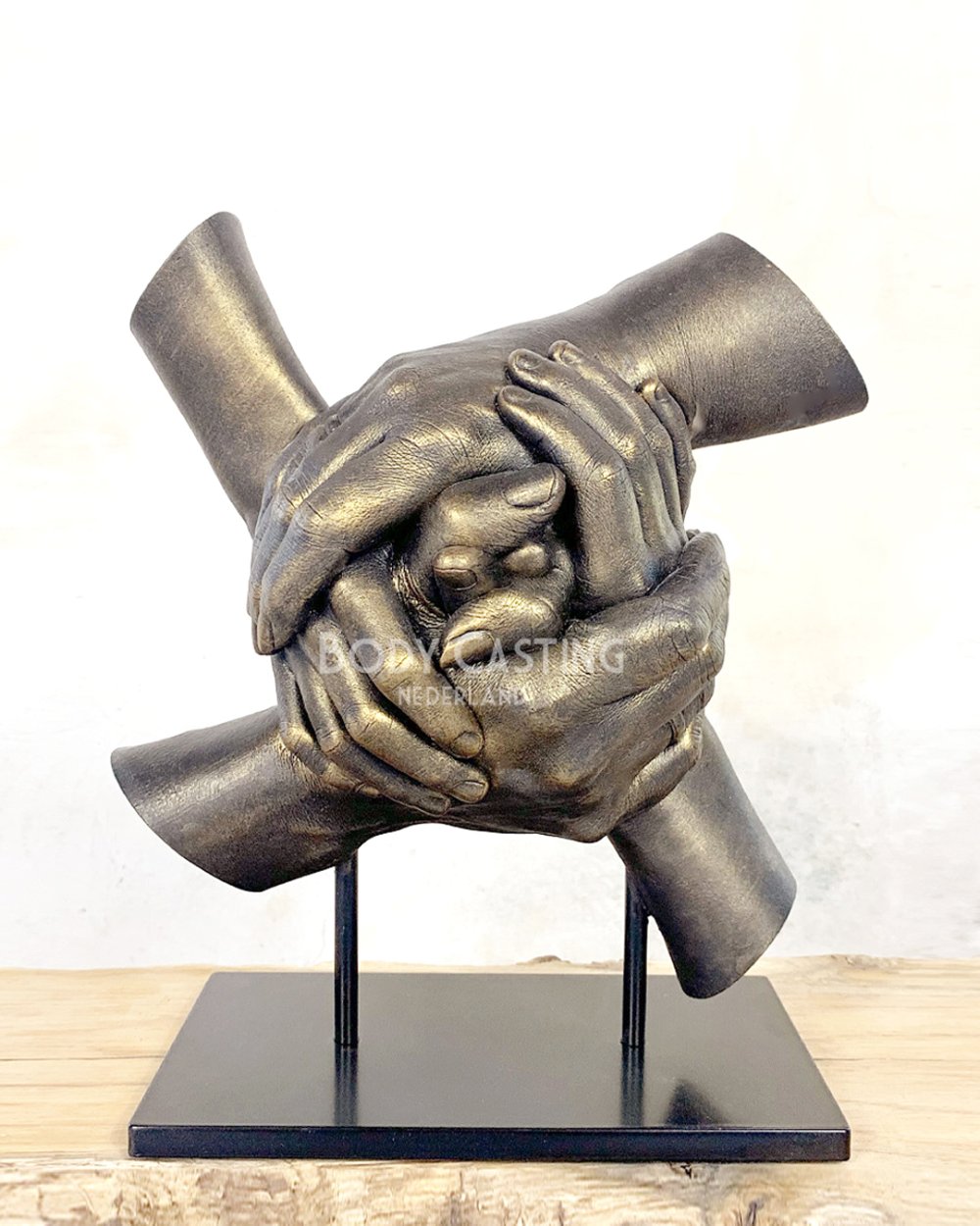 Bodycasting familiebeeld met meerdere generaties in gesloten handenkrans